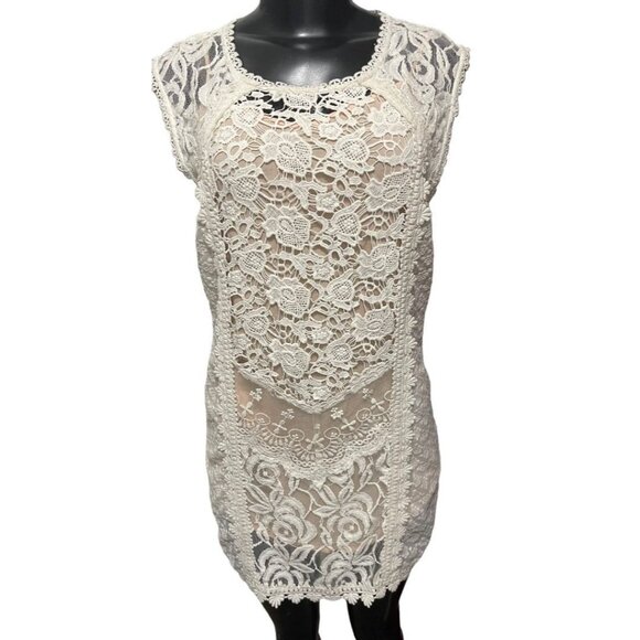 XS Champagne & Strawberry Lace Mini Dress Buttons Lined Ivory Nude Lining - Picture 3 of 11